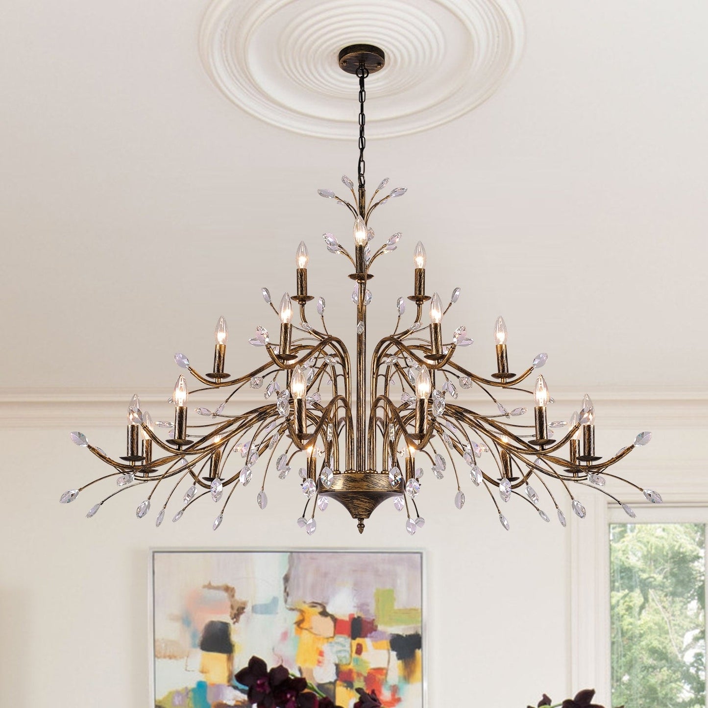 Lustre suspendu rétro style ferme, branches d'arbre, cristal, bougie