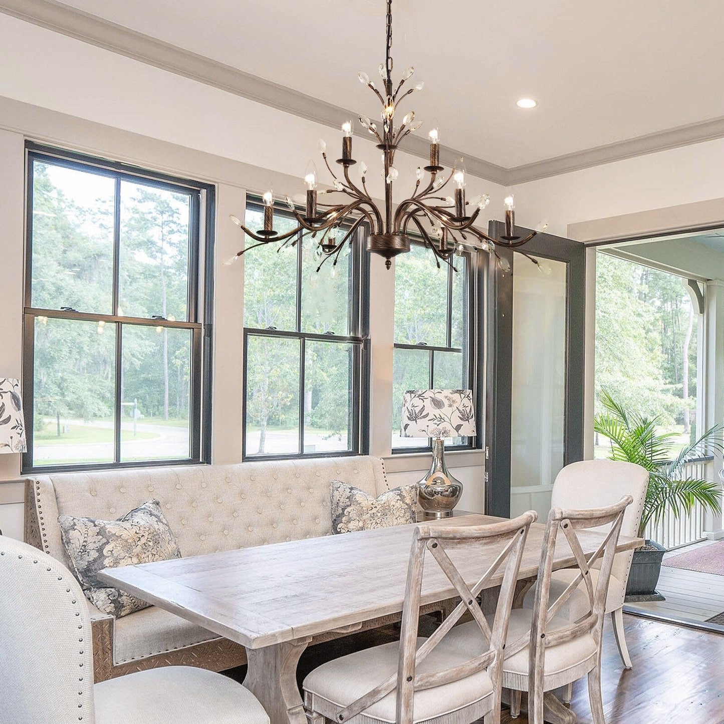 Lustre suspendu rétro style ferme, branches d'arbre, cristal, bougie