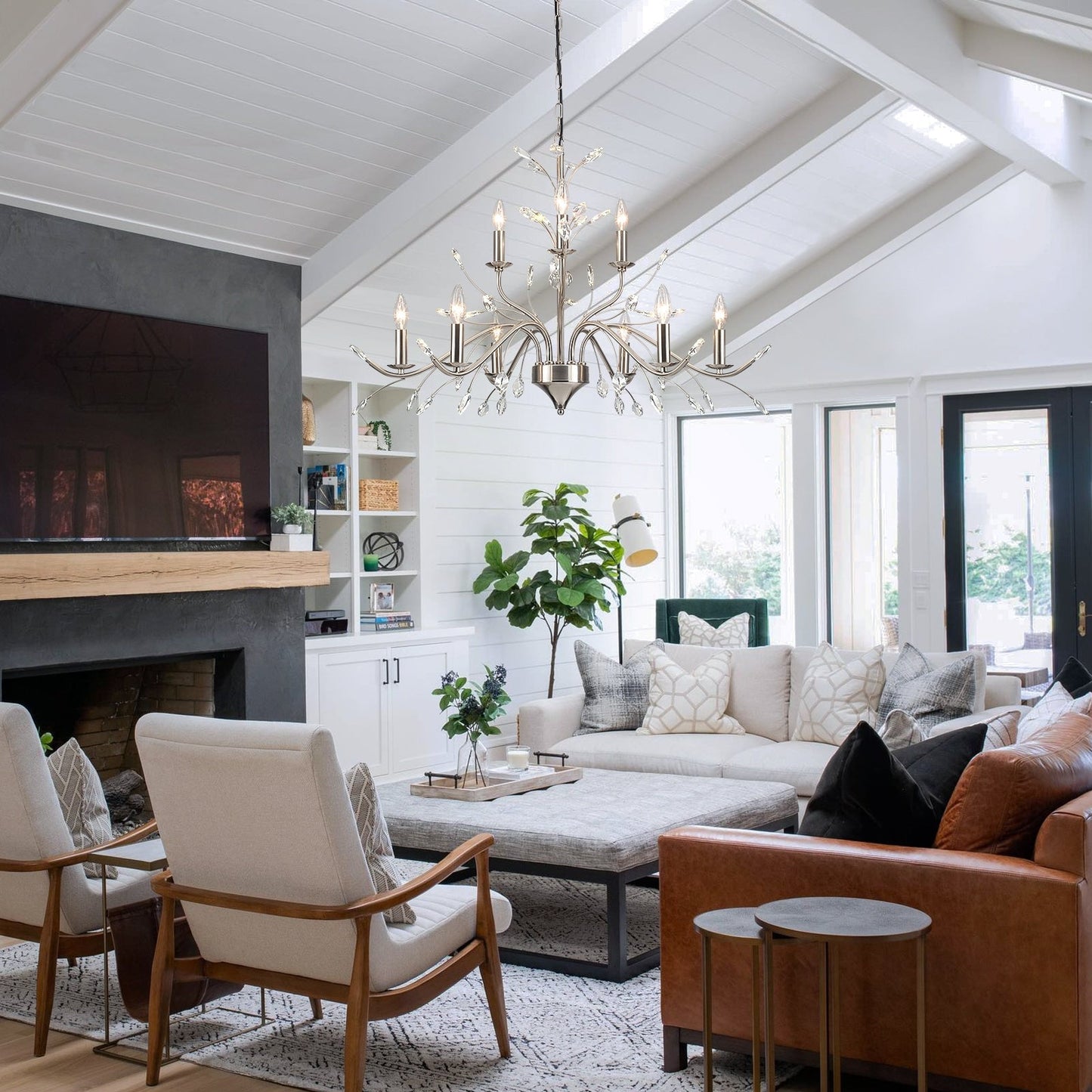 Lustre suspendu rétro style ferme, branches d'arbre, cristal, bougie