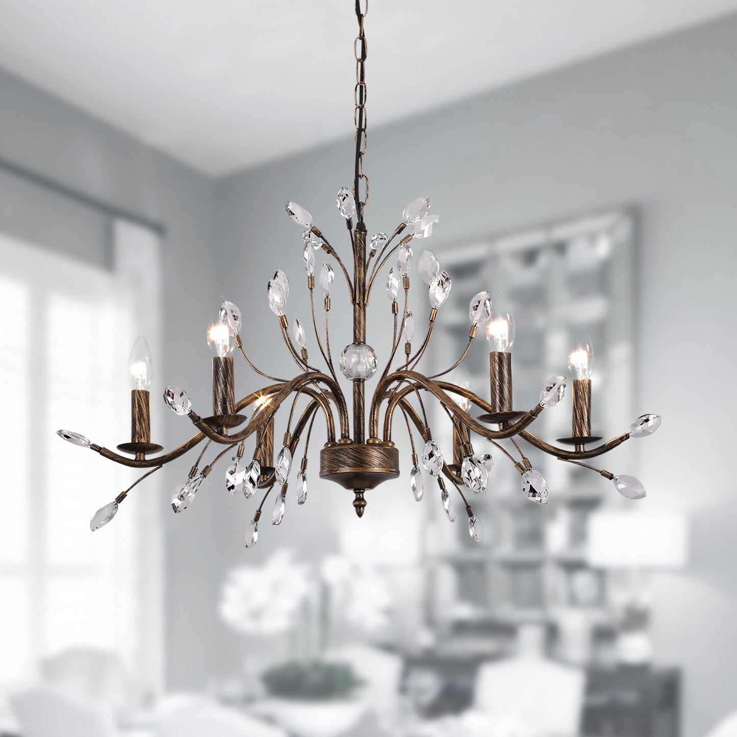 Lustre suspendu rétro style ferme, branches d'arbre, cristal, bougie