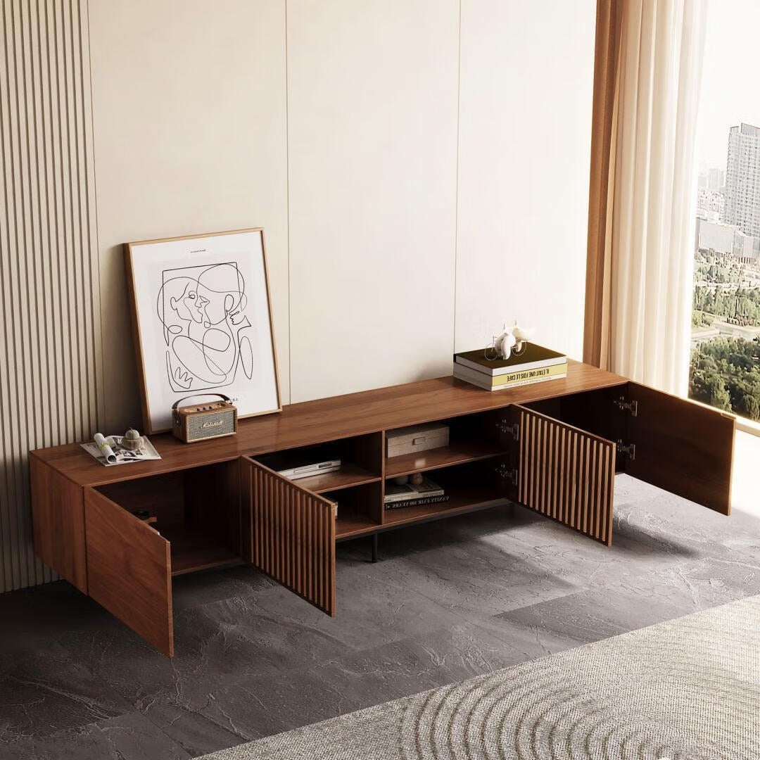 Meuble TV de style moderne du milieu du siècle avec 4 portes de rangement, compatible avec les téléviseurs jusqu'à 100 pouces, centre de divertissement pour le salon