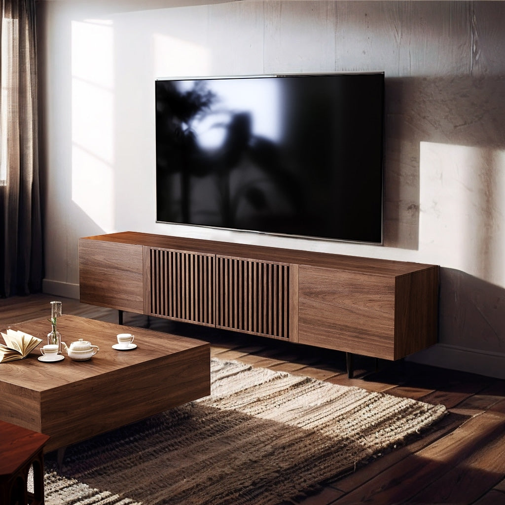Meuble TV de style moderne du milieu du siècle avec 4 portes de rangement, compatible avec les téléviseurs jusqu'à 100 pouces, centre de divertissement pour le salon