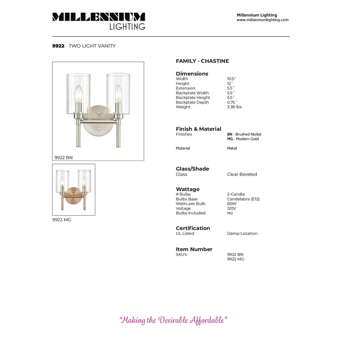 Applique murale de salle de bain Chastine de Millennium Lighting avec abat-jour en verre biseauté transparent
