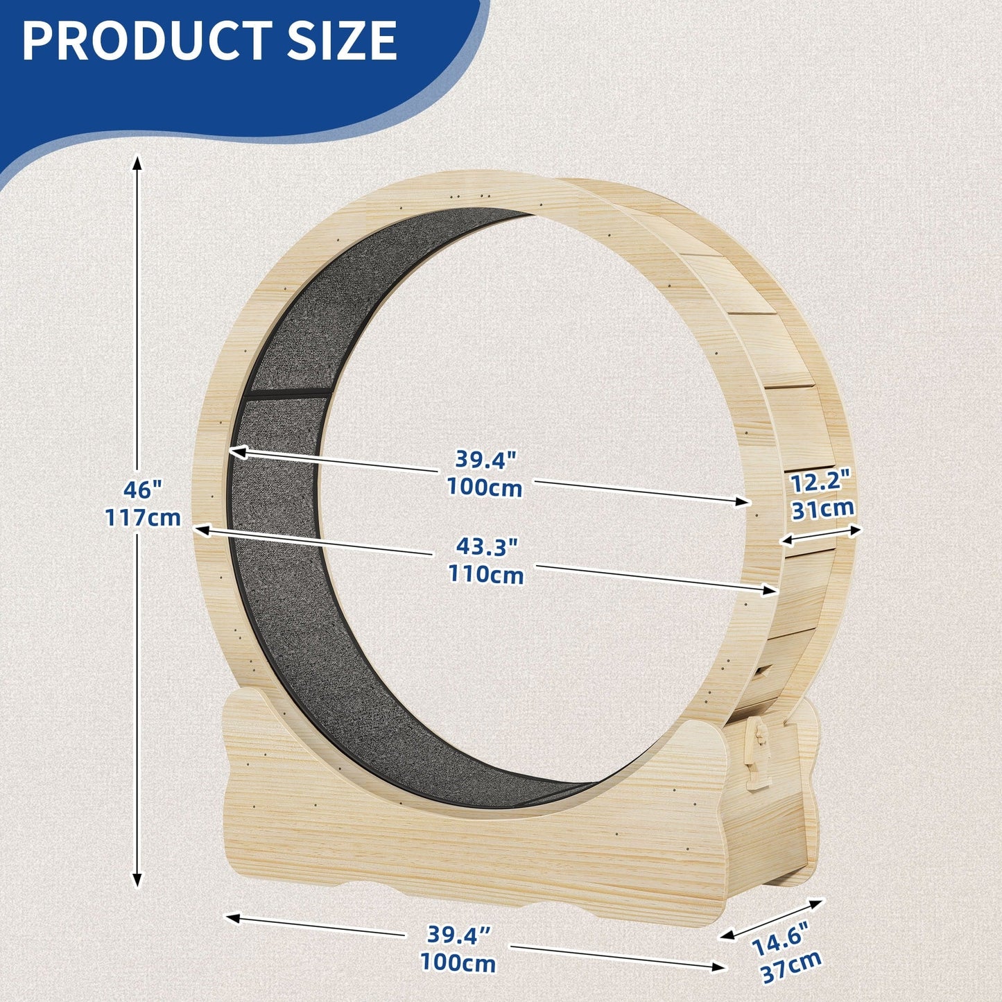 Tapis roulant d'exercice Moasis en bois de 110 cm (43,3 pouces) pour grands chats, avec piste de course recouverte de moquette