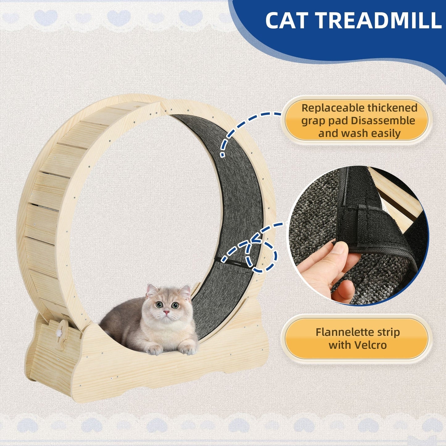 Tapis roulant d'exercice Moasis en bois de 110 cm (43,3 pouces) pour grands chats, avec piste de course recouverte de moquette