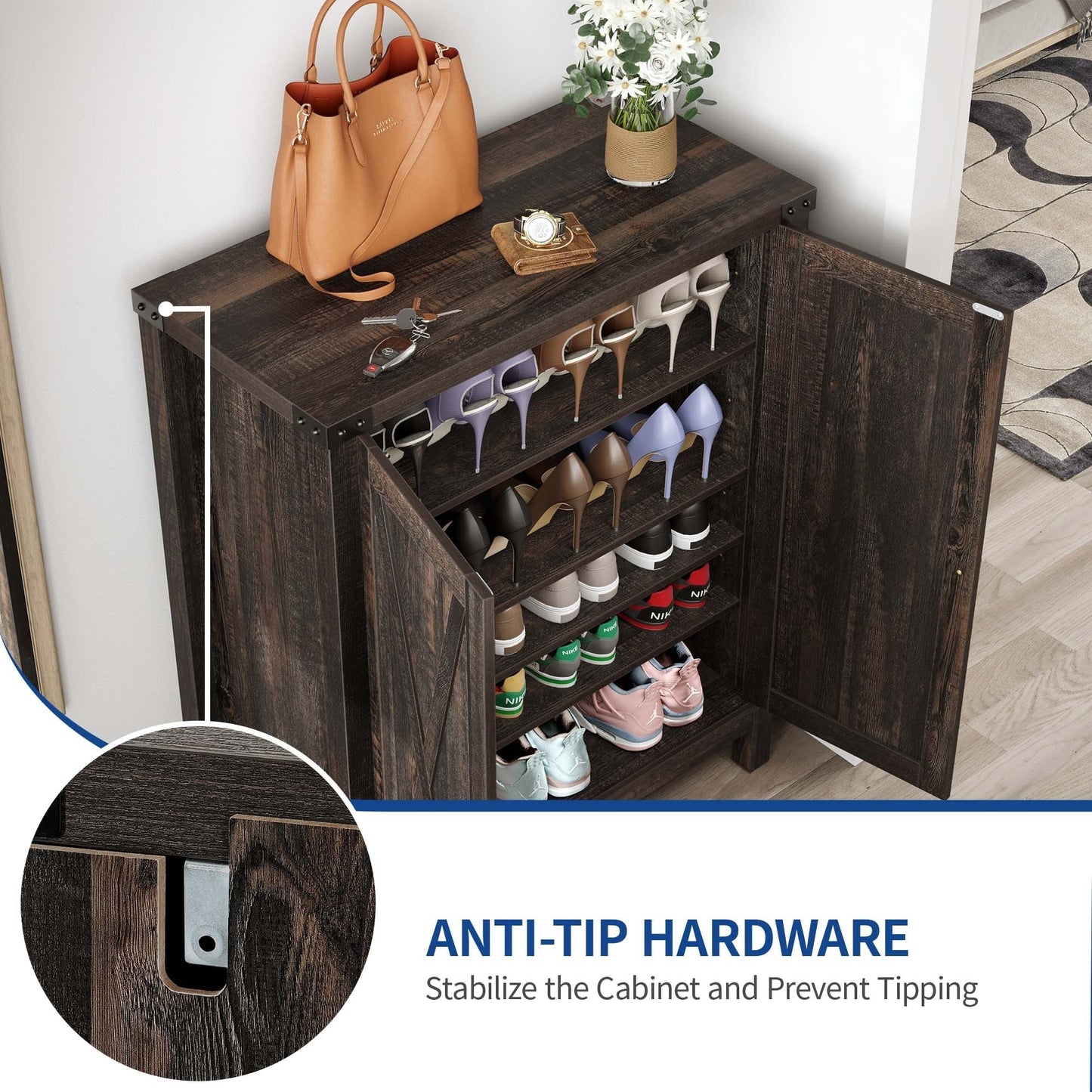 Meuble à chaussures Moasis à 5 niveaux et 20 paires avec double porte pour entrée