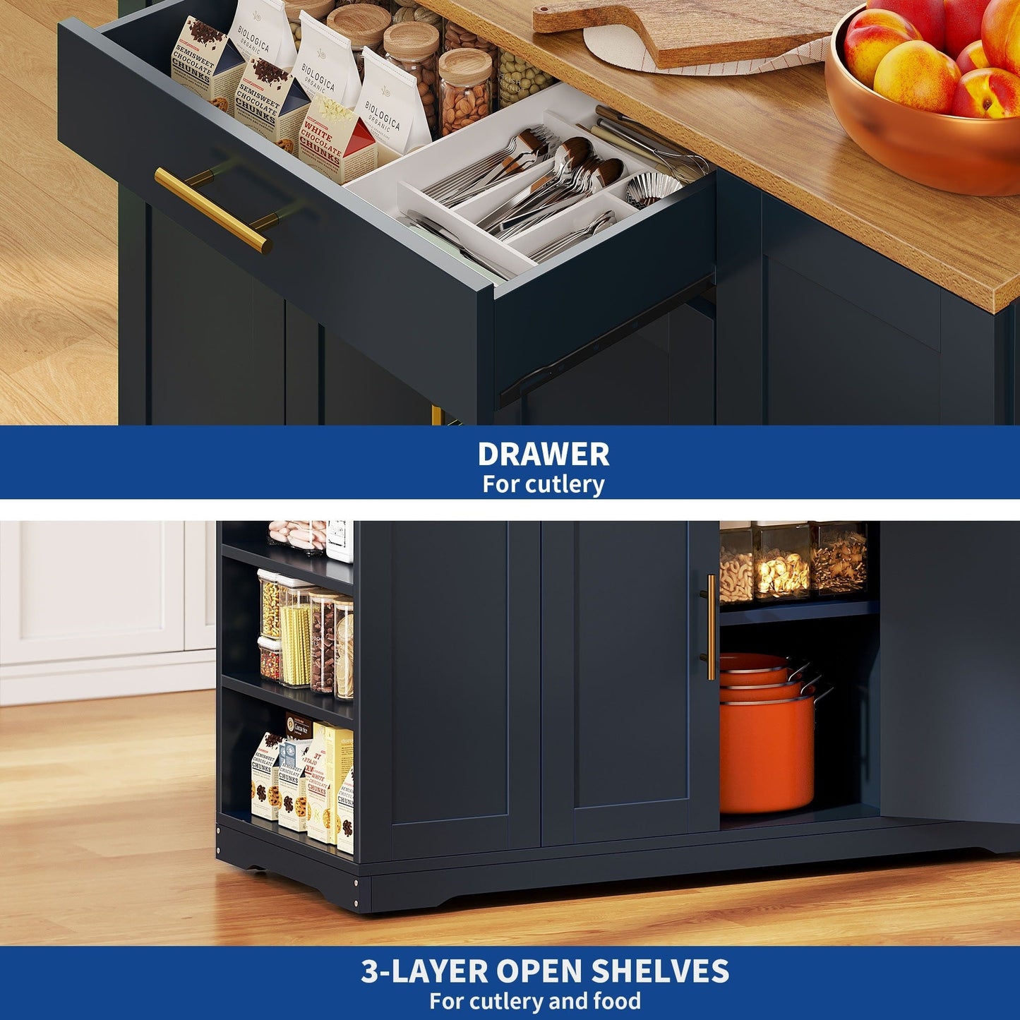 Moasis 53 pouces, meuble de rangement pour îlot de cuisine mobile et portable