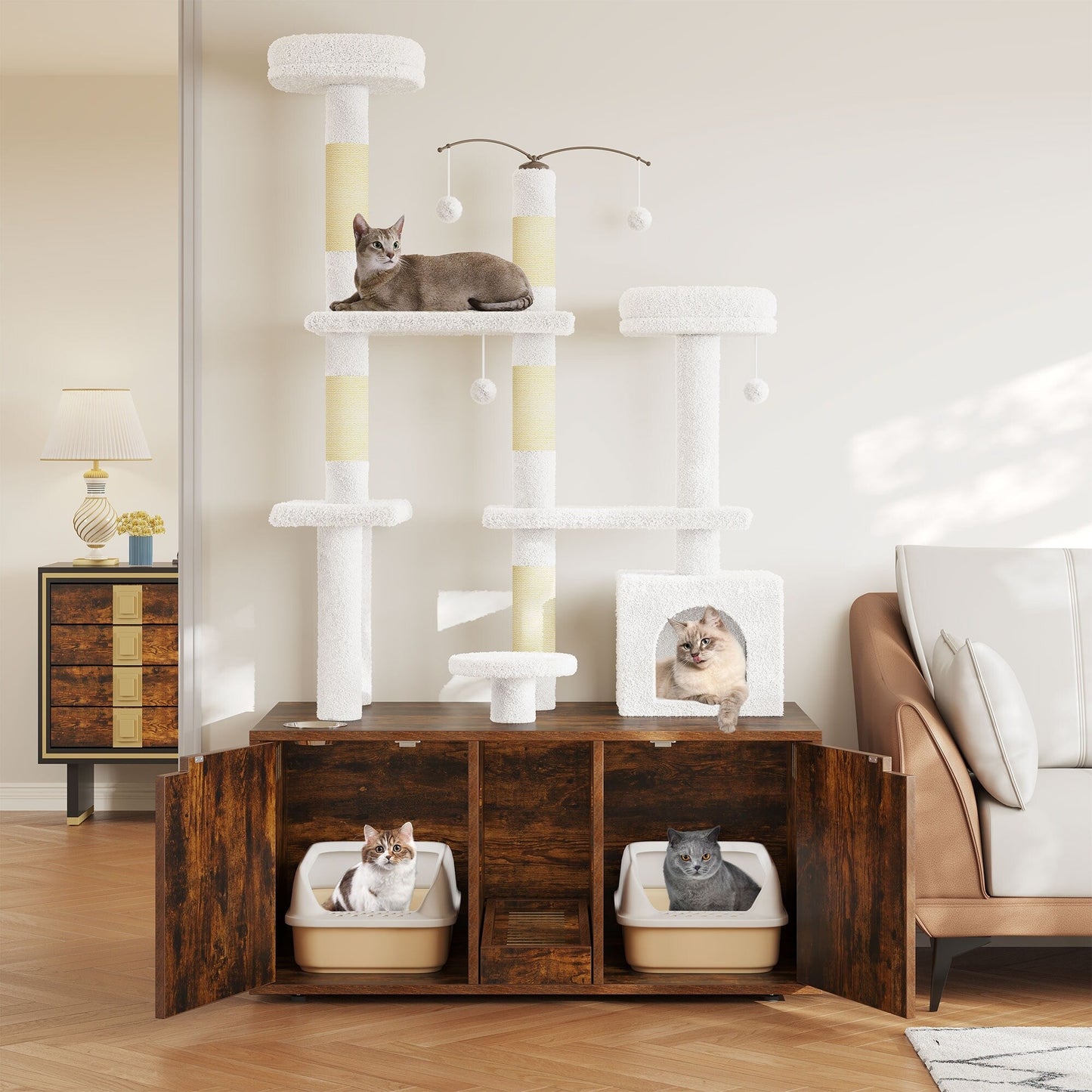 Enclos double pour litière Moasis avec griffoir et arbre à chat