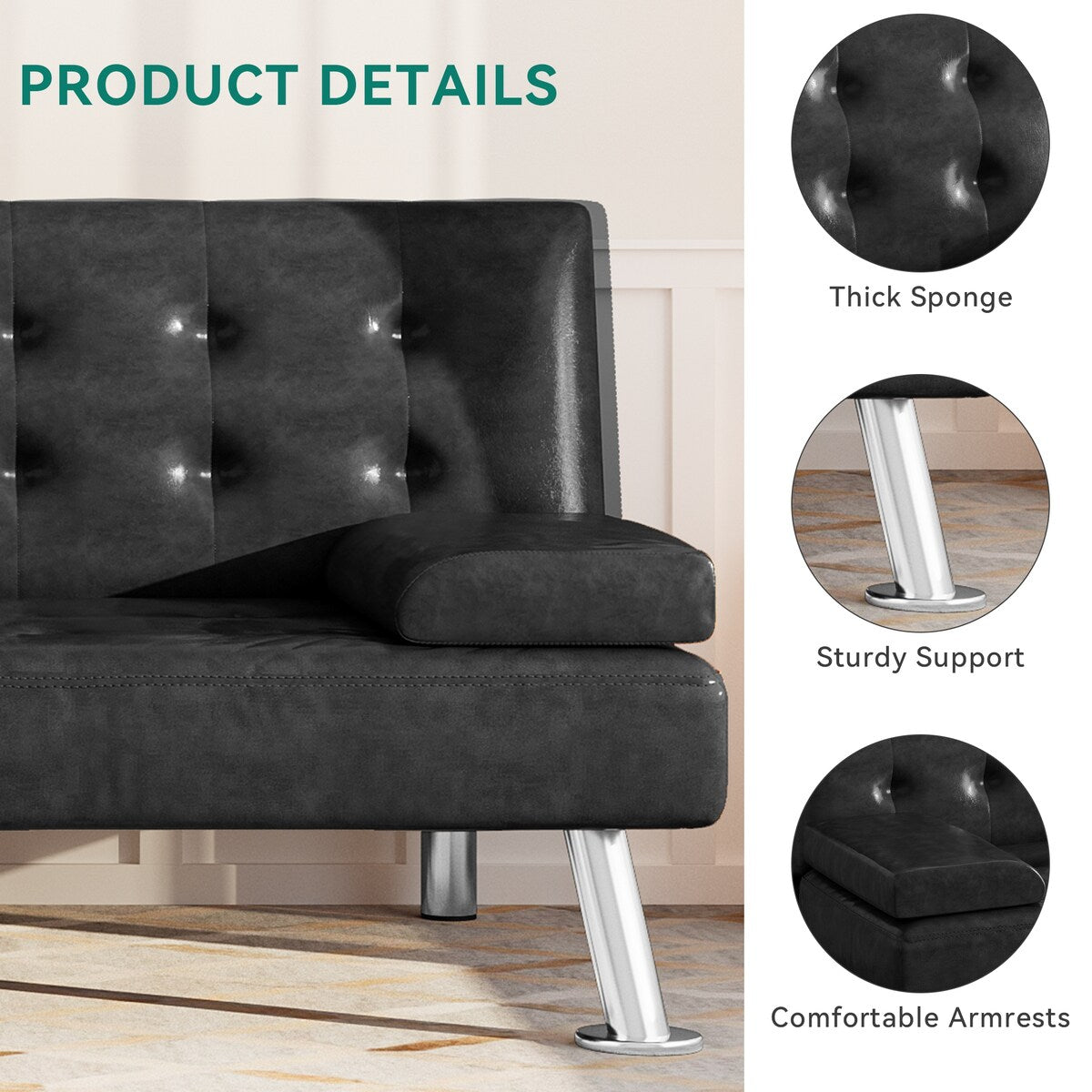 Canapé-lit futon pliable moderne Moasis en similicuir - 162,5 cm (L) x 76,2 cm (l) x 66 cm (H)