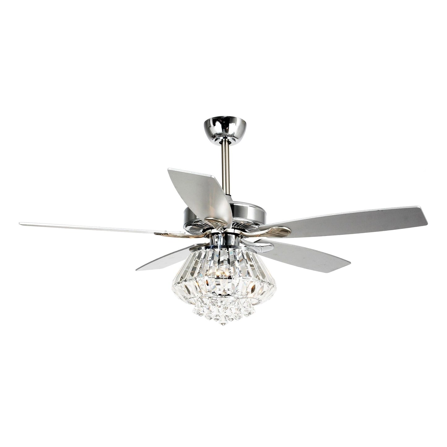 Ventilateur de plafond moderne chromé de 132 cm avec lustre en cristal et télécommande