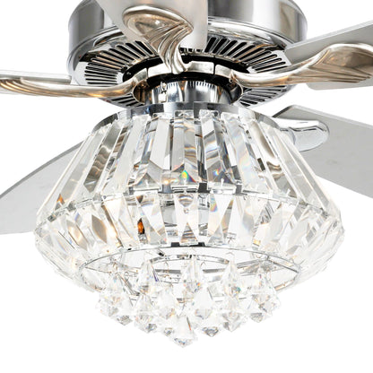 Ventilateur de plafond moderne chromé de 132 cm avec lustre en cristal et télécommande