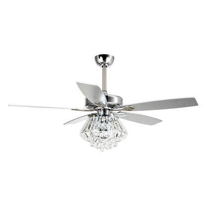 Ventilateur de plafond moderne chromé de 132 cm avec lustre en cristal et télécommande