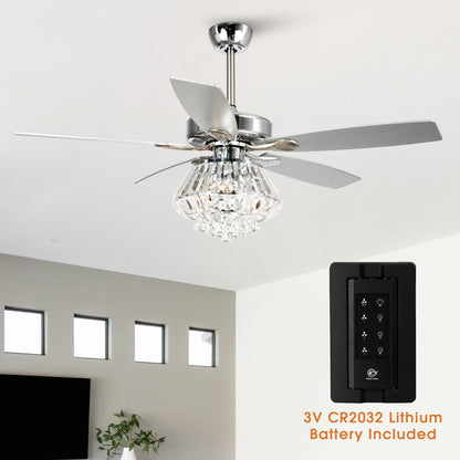 Ventilateur de plafond moderne chromé de 132 cm avec lustre en cristal et télécommande