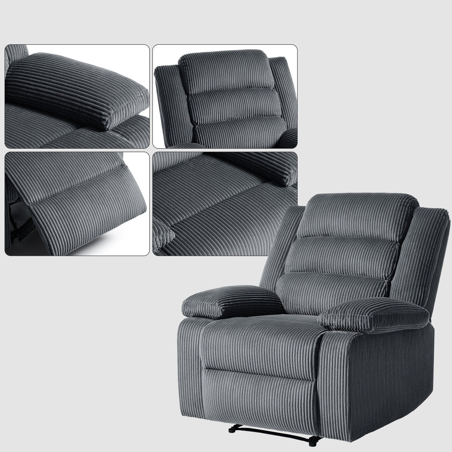 Fauteuil inclinable manuel moderne en velours côtelé, fauteuil inclinable réglable avec larges accoudoirs