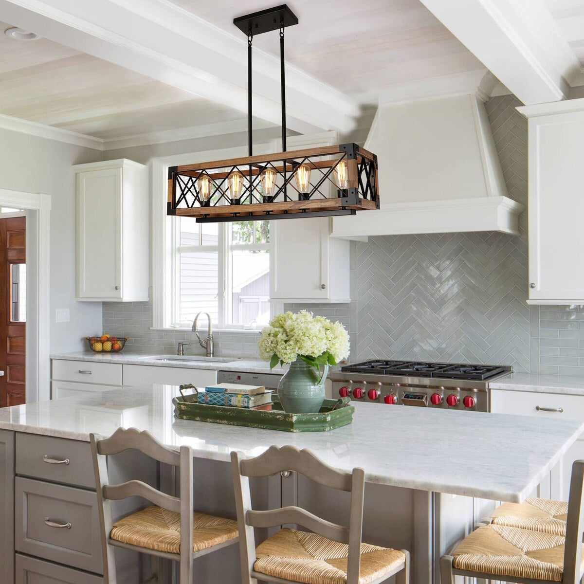 Lustre rectangulaire en bois à 5 lumières, style ferme moderne, avec structure en cage, idéal pour une salle à manger - 31,6 cm (L) x 10 cm (l) x 7,8 cm (H)