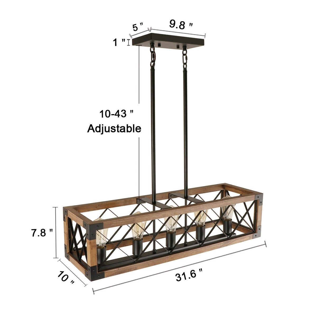 Lustre rectangulaire en bois à 5 lumières, style ferme moderne, avec structure en cage, idéal pour une salle à manger - 31,6 cm (L) x 10 cm (l) x 7,8 cm (H)