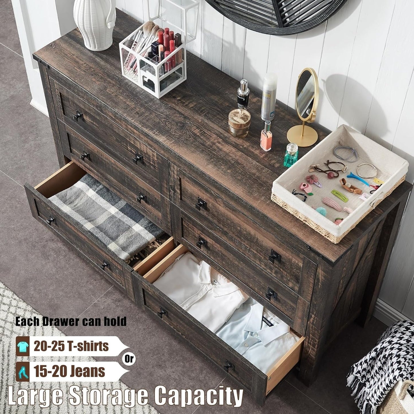 Commode de style campagnard à 6 tiroirs, meuble TV en bois, commode