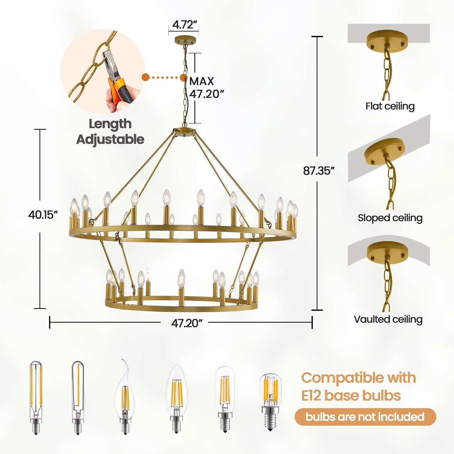 Lustre moderne de style ferme à 2 niveaux, lustre rond en forme de roue de chariot, grand luminaire pour plafond haut.