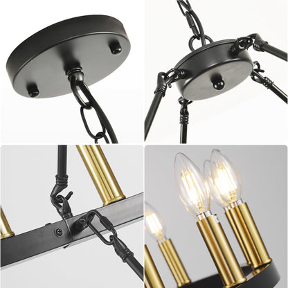 Lustre moderne de style ferme à 2 niveaux, lustre rond en forme de roue de chariot, grand luminaire pour plafond haut.