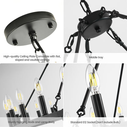 Lustre moderne de style ferme à 2 niveaux, lustre rond en forme de roue de chariot, grand luminaire pour plafond haut.