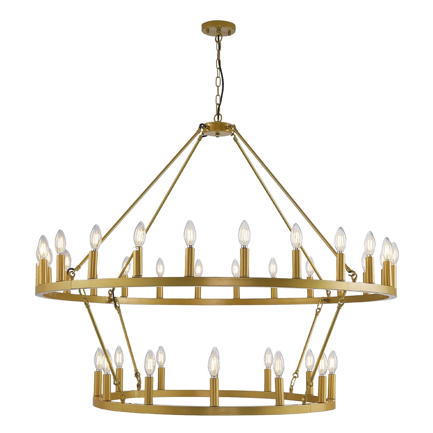 Lustre moderne de style ferme à 2 niveaux, lustre rond en forme de roue de chariot, grand luminaire pour plafond haut.