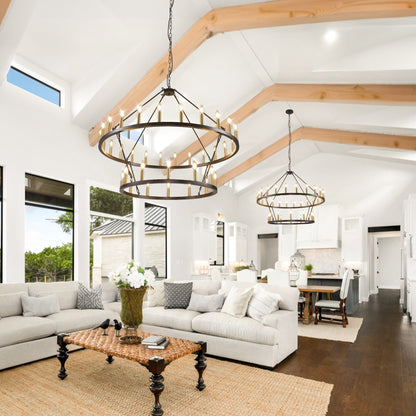Lustre moderne de style ferme à 2 niveaux, lustre rond en forme de roue de chariot, grand luminaire pour plafond haut.