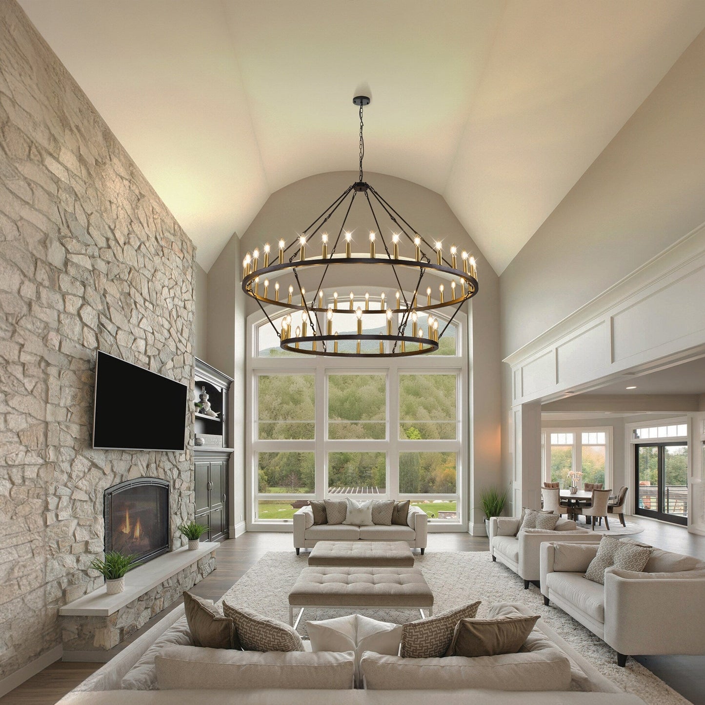 Lustre moderne de style ferme à 2 niveaux, lustre rond en forme de roue de chariot, grand luminaire pour plafond haut.