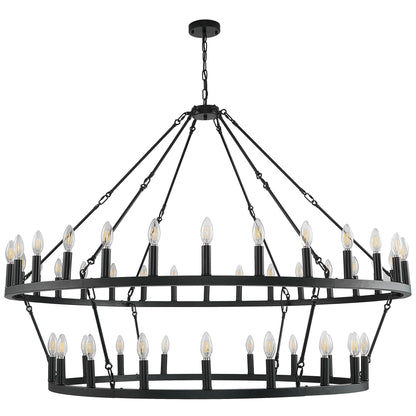 Lustre moderne de style ferme à 2 niveaux, lustre rond en forme de roue de chariot, grand luminaire pour plafond haut.