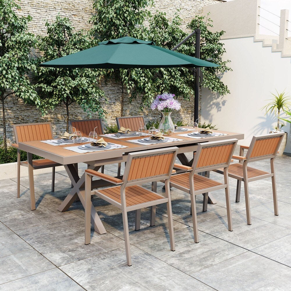 Ensemble de salle à manger d'extérieur moderne 7 pièces avec six chaises et une table extensible pour terrasse