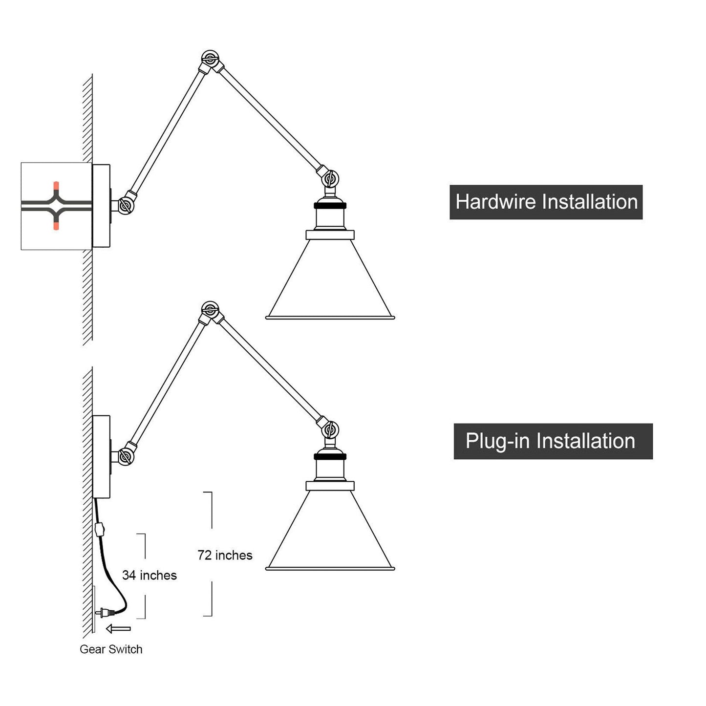 Ensemble de 2 appliques murales modernes à bras articulé réglable, à brancher et à câblées