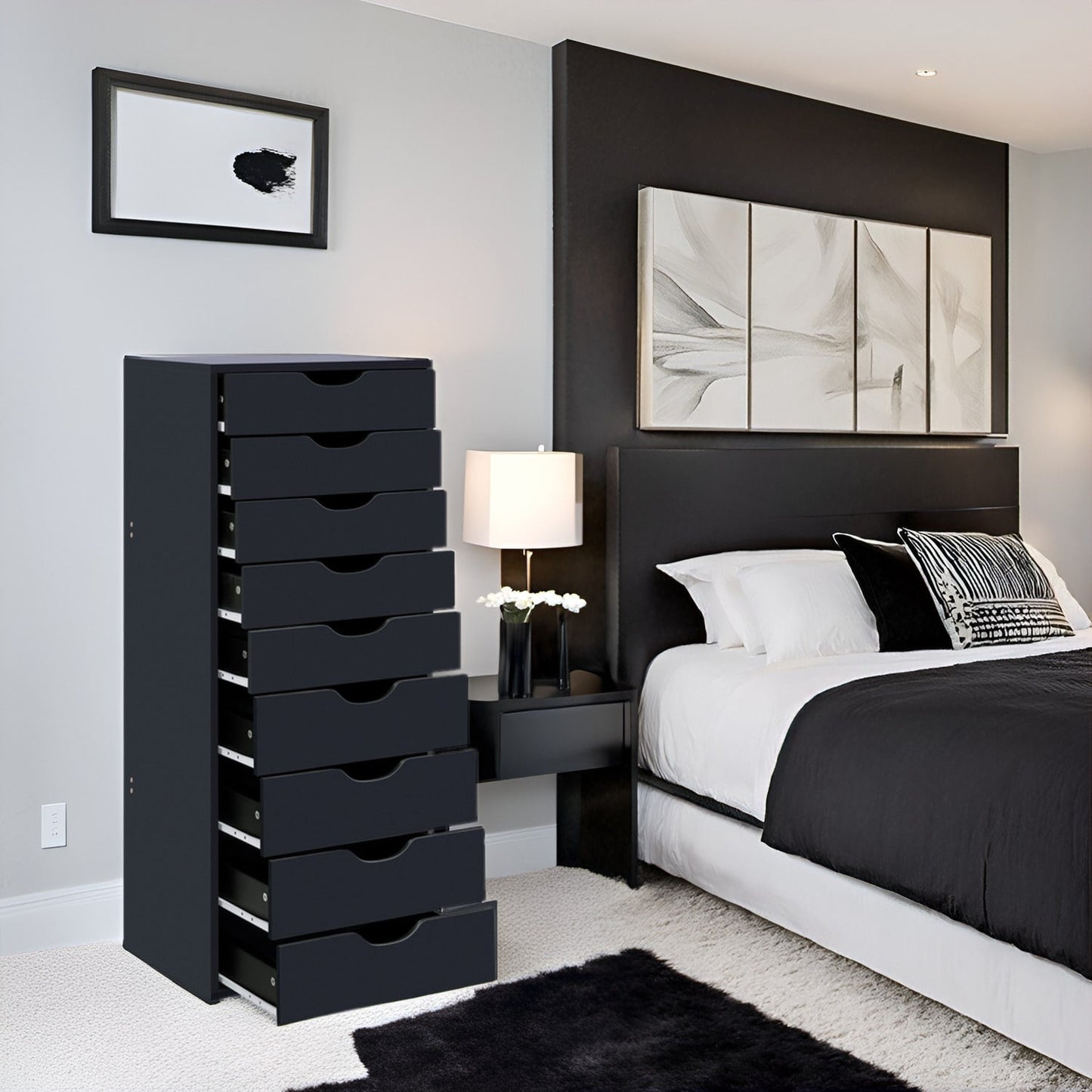 Meuble étroit en bois à 9 tiroirs avec glissières en douceur et étagère de rangement supérieure