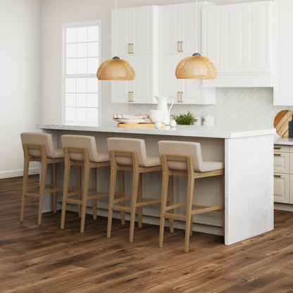 Tabouret de bar moderne Gracie, chaise rembourrée en tissu bouclé et pieds en bois brossé