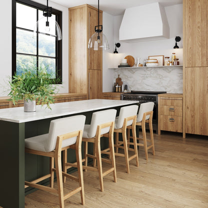 Tabouret de bar moderne Gracie, chaise rembourrée en tissu bouclé et pieds en bois brossé