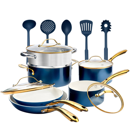 Ensemble de 15 pièces de casseroles et poêles Gotham Steel Natural Collection en céramique antiadhésive ultra-performante, coloris bleu marine