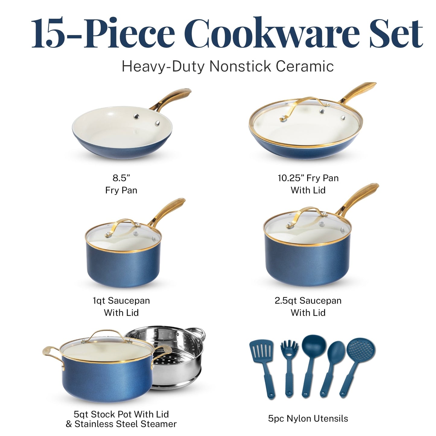 Ensemble de 15 pièces de casseroles et poêles Gotham Steel Natural Collection en céramique antiadhésive ultra-performante, coloris bleu marine