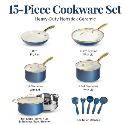 Ensemble de 15 pièces de casseroles et poêles Gotham Steel Natural Collection en céramique antiadhésive ultra-performante, coloris bleu marine