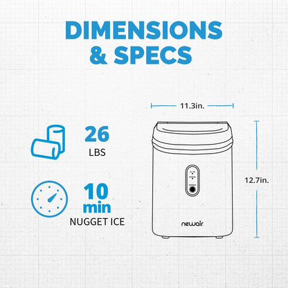 Machine à glaçons Newair de comptoir (12 kg) en forme de pépites, noir mat, avec fenêtre de visualisation des glaçons, bouton autonettoyant et bec verseur facile.
