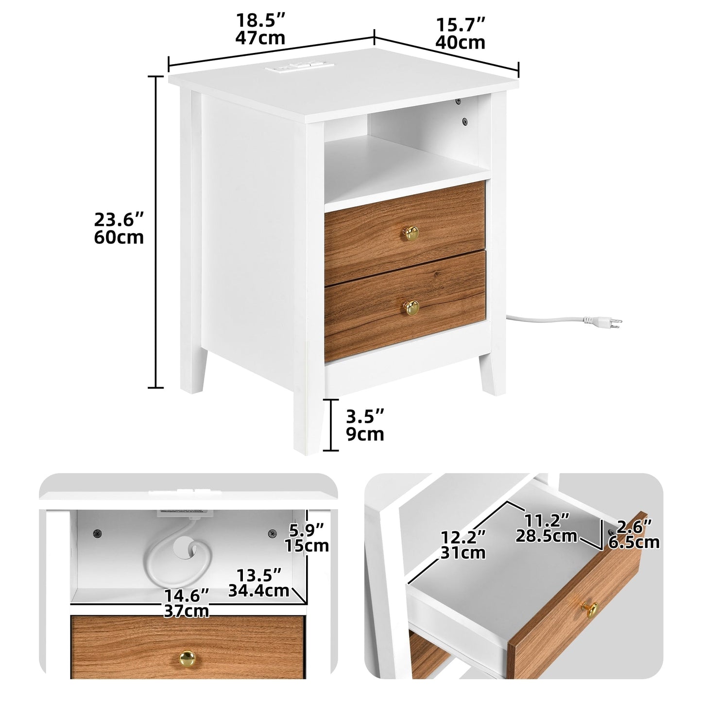 Ensemble de 2 tables de chevet avec station de charge, table d'appoint avec 2 tiroirs, ports USB et prises électriques, pour lit de chevet