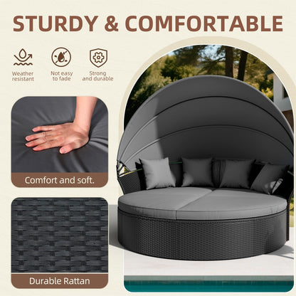 Ensemble canapé d'angle rond Nuon 4 pièces en résine tressée noire avec auvent rétractable par Havenside Home