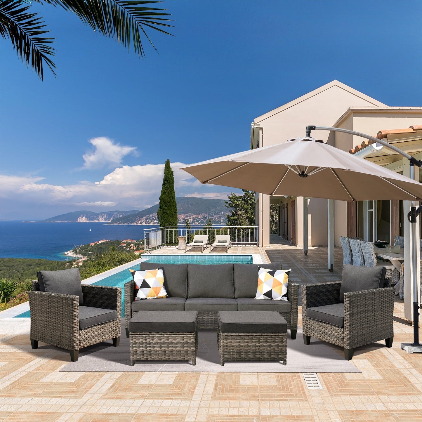 Ensemble de mobilier de patio OVIOS 5 pièces en résine tressée avec dossier haut