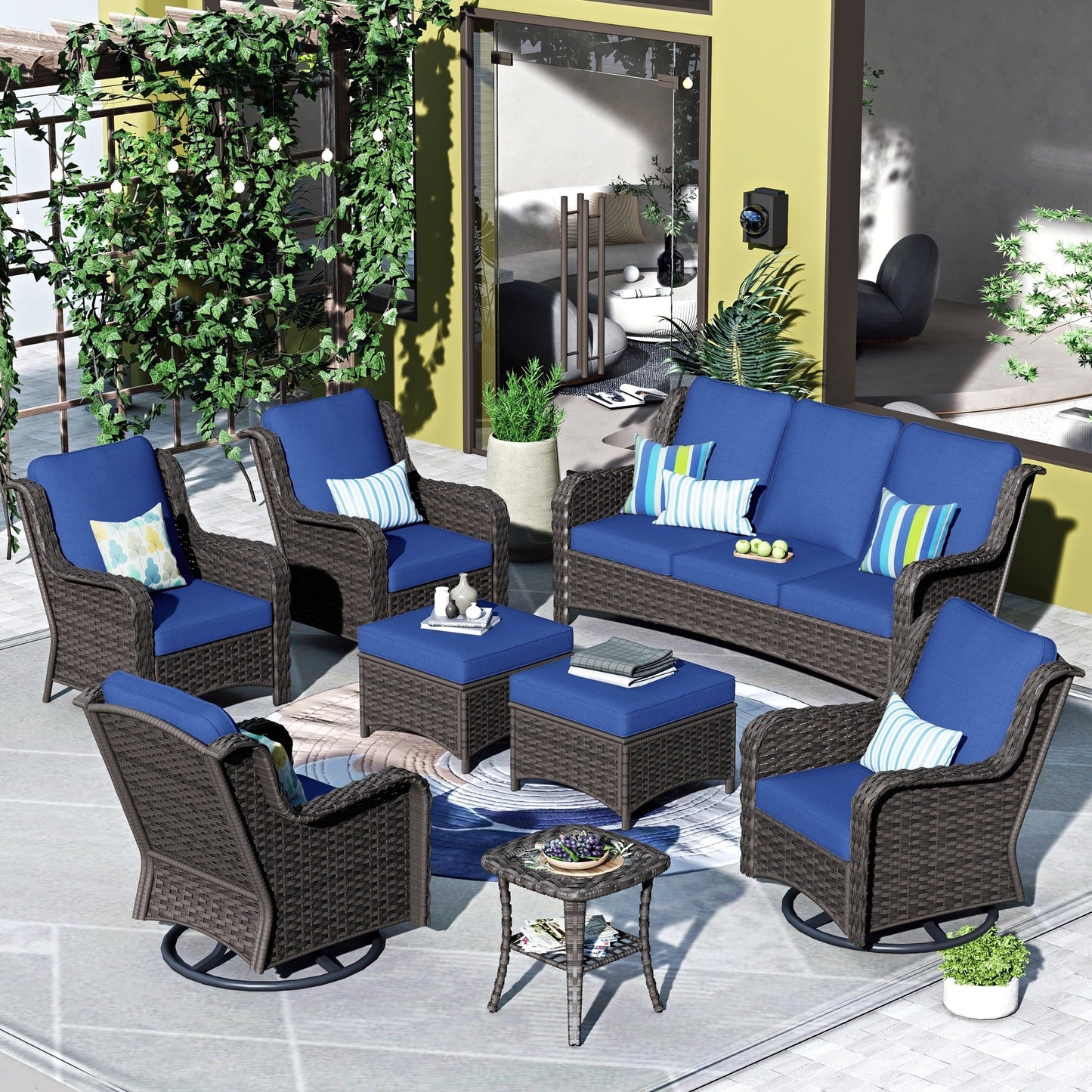 Ensemble de 8 chaises pivotantes en osier pour patio OVIOS