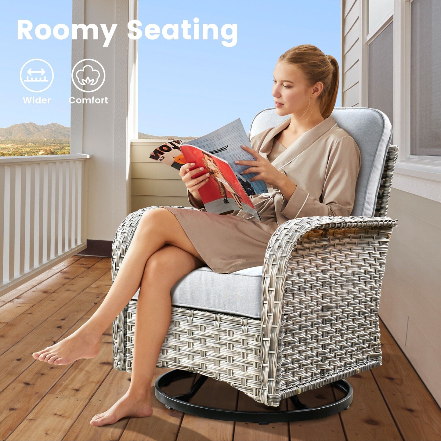 Ensemble de 9 chaises pivotantes d'extérieur en osier OVIOS avec table de feu