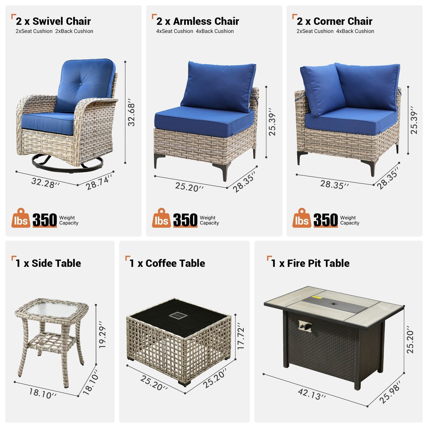 Ensemble de 9 chaises pivotantes d'extérieur en osier OVIOS avec table de feu