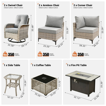 Ensemble de 9 chaises pivotantes d'extérieur en osier OVIOS avec table de feu