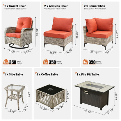 Ensemble de 9 chaises pivotantes d'extérieur en osier OVIOS avec table de feu