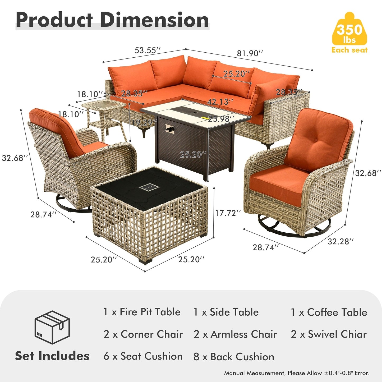 Ensemble de 9 chaises pivotantes d'extérieur en osier OVIOS avec table de feu