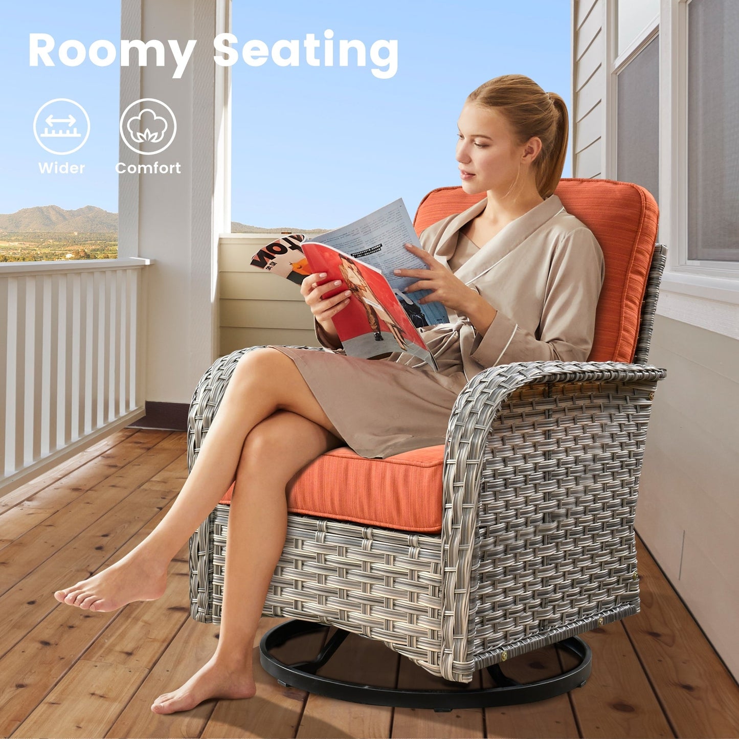 Ensemble de 9 chaises pivotantes d'extérieur en osier OVIOS avec table de feu