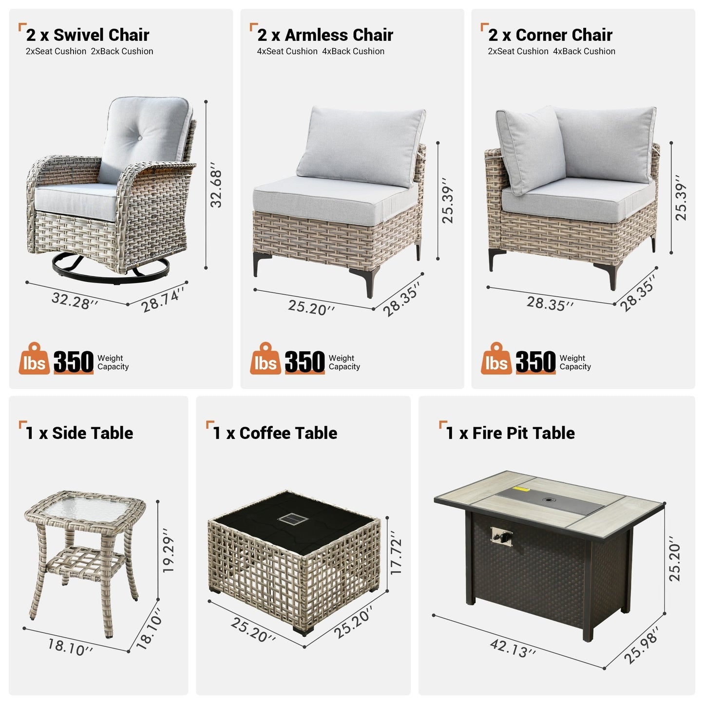 Ensemble de 9 chaises pivotantes d'extérieur en osier OVIOS avec table de feu