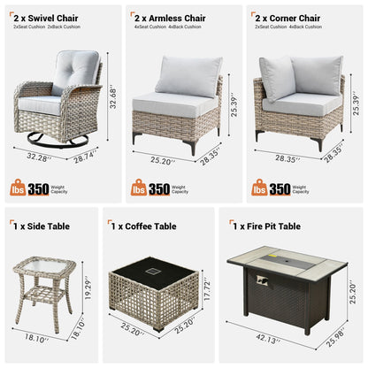 Ensemble de 9 chaises pivotantes d'extérieur en osier OVIOS avec table de feu