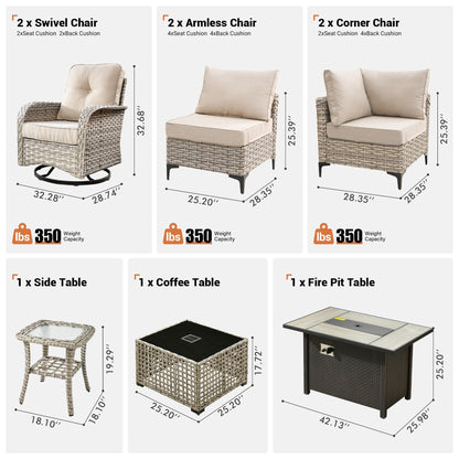 Ensemble de 9 chaises pivotantes d'extérieur en osier OVIOS avec table de feu